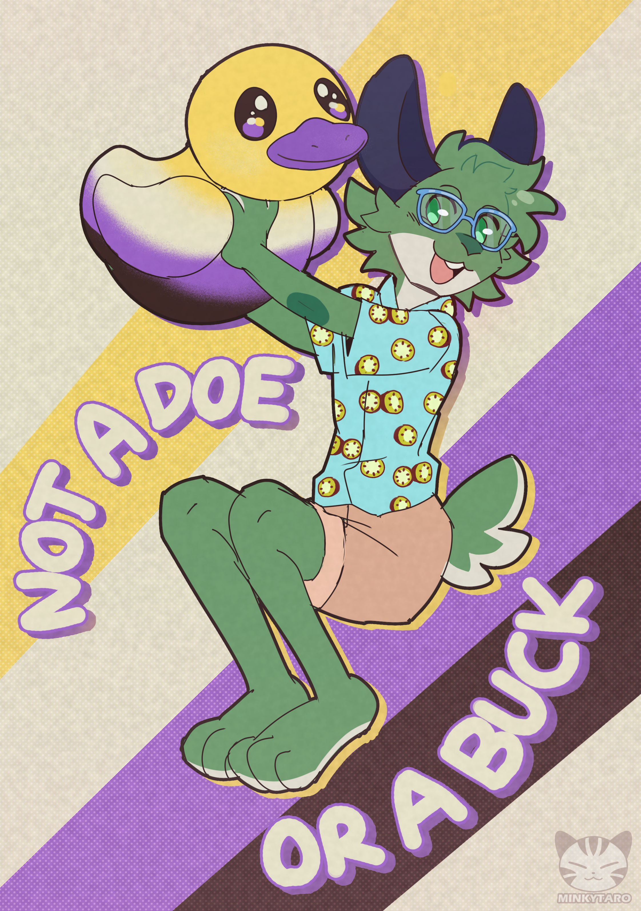 Beryl the Bunny wearing a kiwi shirt and shorts, holding a non-binary pride colored duck, surounded by the words 'NOT A DOE OR A BUCK'